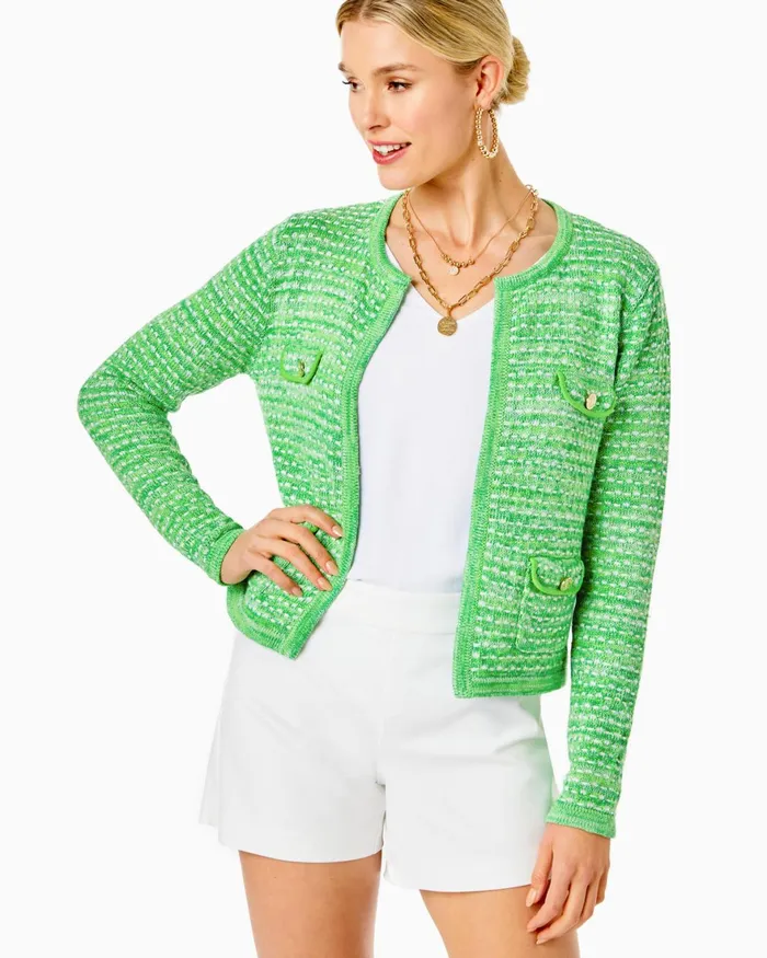 Tops Women Lilly Pulitzer Kienna Cardigan Gecko Green Metallic Marl Tops Women Lilly Pulitzer Kienna Cardigan Gecko Green Metallic Marl