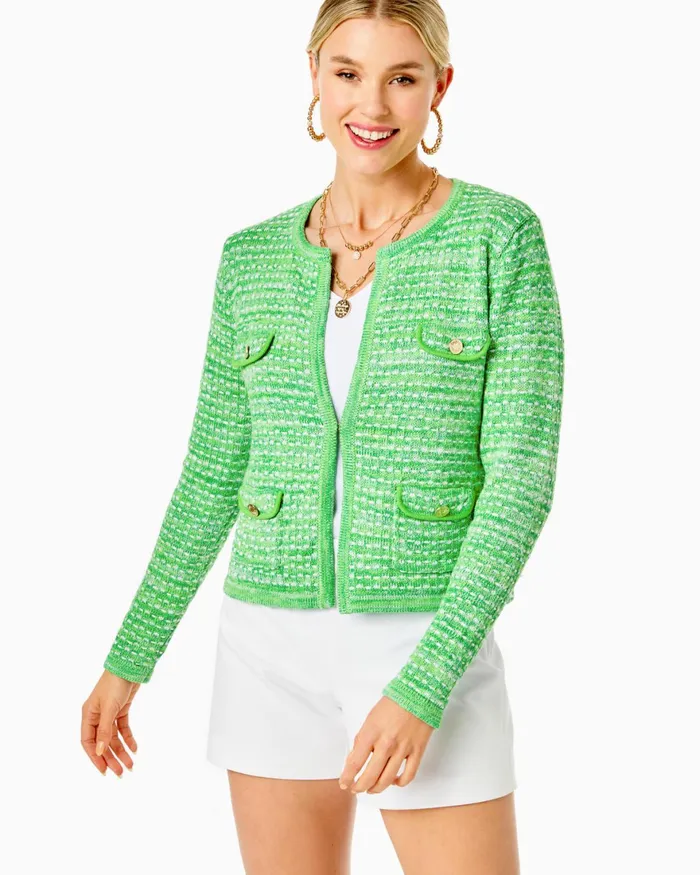 Tops Women Lilly Pulitzer Kienna Cardigan Gecko Green Metallic Marl Tops Women Lilly Pulitzer Kienna Cardigan Gecko Green Metallic Marl