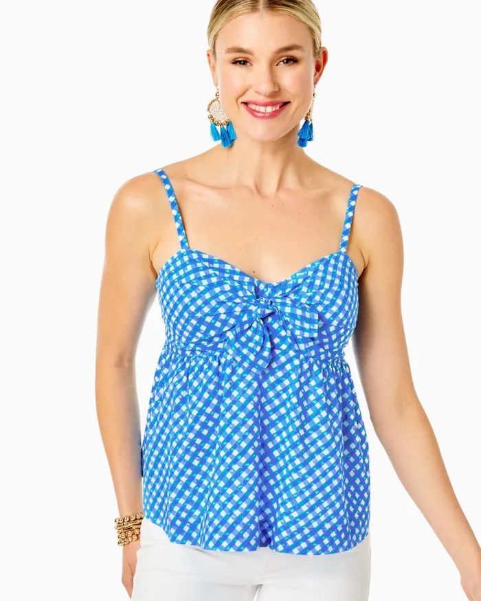 Tops Women Lilly Pulitzer Mitzi Cotton Cami Top Boca Blue Double Checking