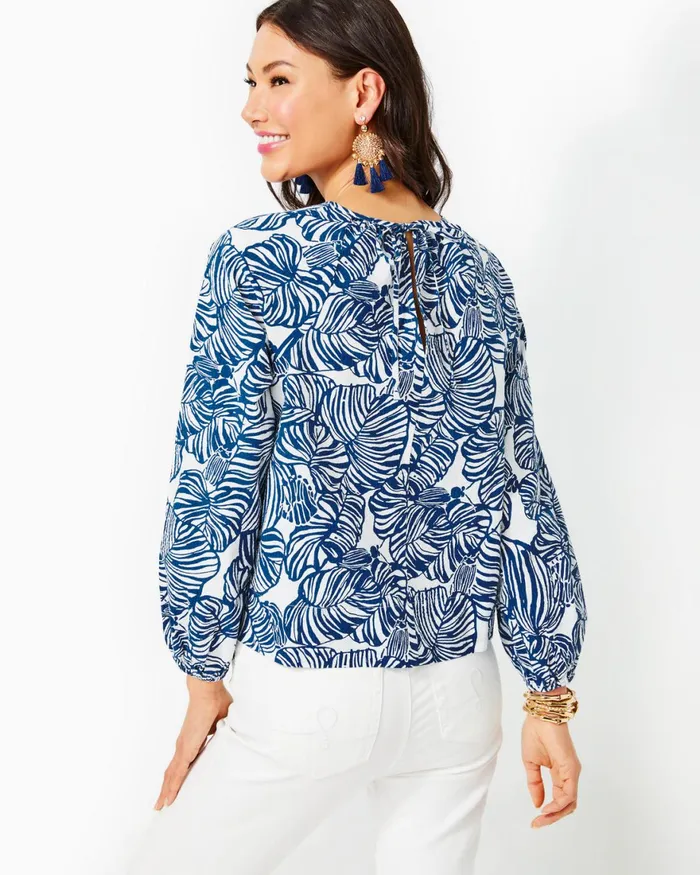 Tops Women Lilly Pulitzer Rilynn Long Sleeve Cotton Top Aegean Navy Beach Path