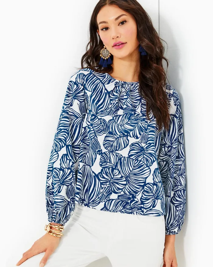 Tops Women Lilly Pulitzer Rilynn Long Sleeve Cotton Top Aegean Navy Beach Path