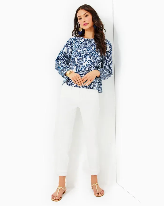 Tops Women Lilly Pulitzer Rilynn Long Sleeve Cotton Top Aegean Navy Beach Path