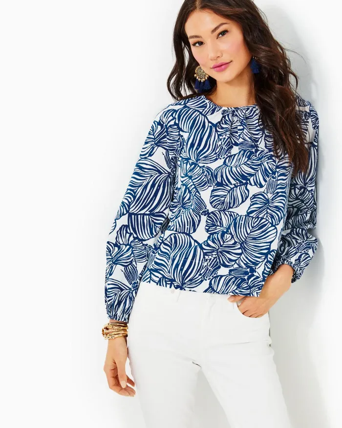 Tops Women Lilly Pulitzer Rilynn Long Sleeve Cotton Top Aegean Navy Beach Path