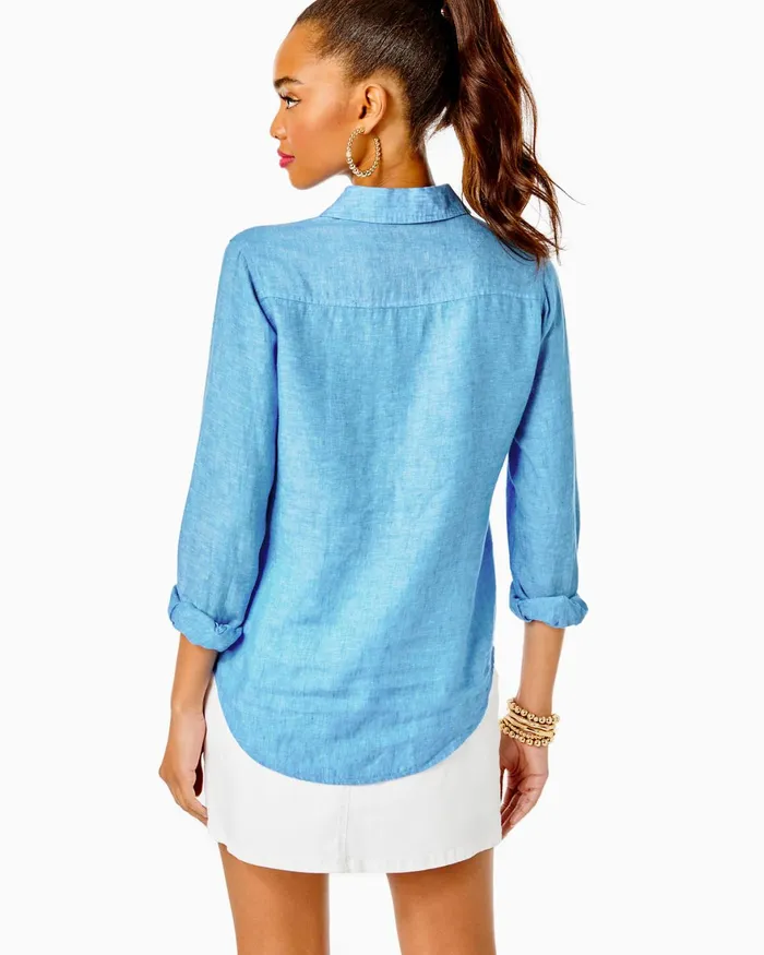 Tops Women Lilly Pulitzer Sea View Linen Button Down Top Beckon Blue X Sea Salt