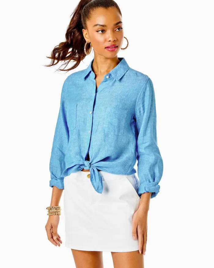 Tops Women Lilly Pulitzer Sea View Linen Button Down Top Beckon Blue X Sea Salt Tops Women Lilly Pulitzer Sea View Linen Button Down Top Beckon Blue X Sea Salt