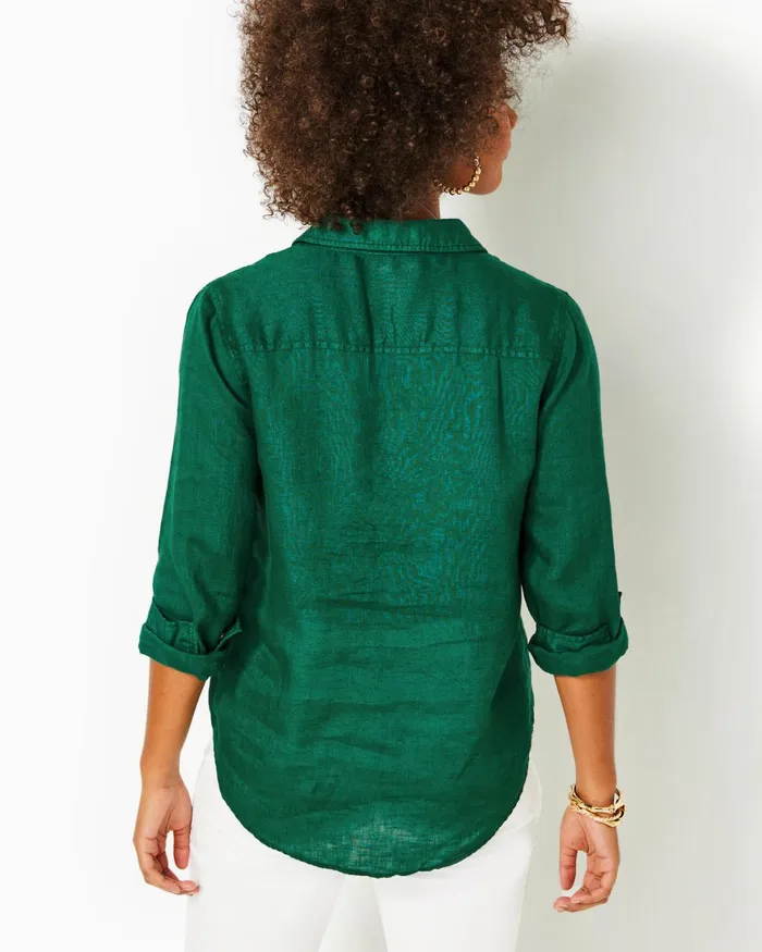 Tops Women Lilly Pulitzer Sea View Linen Button Down Top Evergreen X Evergreen