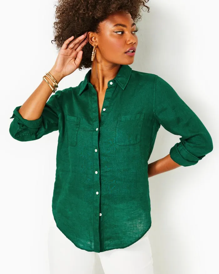 Tops Women Lilly Pulitzer Sea View Linen Button Down Top Evergreen X Evergreen Tops Women Lilly Pulitzer Sea View Linen Button Down Top Evergreen X Evergreen