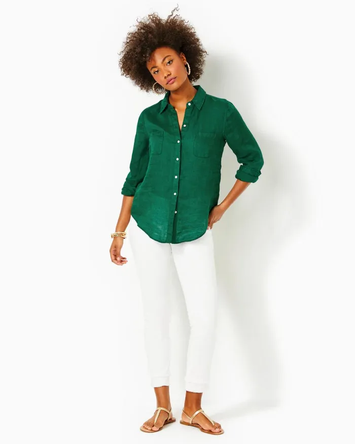 Tops Women Lilly Pulitzer Sea View Linen Button Down Top Evergreen X Evergreen Tops Women Lilly Pulitzer Sea View Linen Button Down Top Evergreen X Evergreen