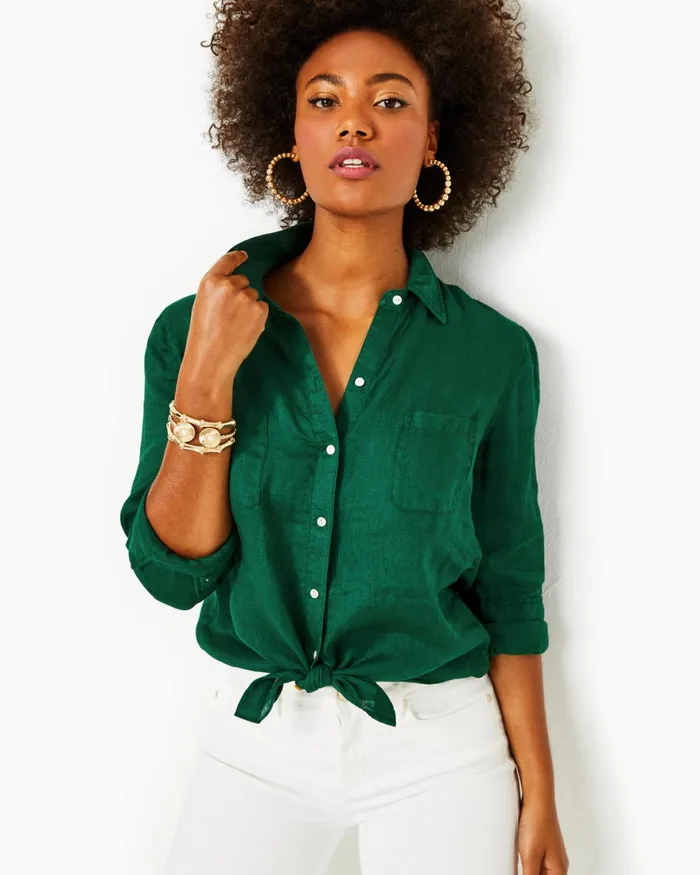 Tops Women Lilly Pulitzer Sea View Linen Button Down Top Evergreen X Evergreen Tops Women Lilly Pulitzer Sea View Linen Button Down Top Evergreen X Evergreen