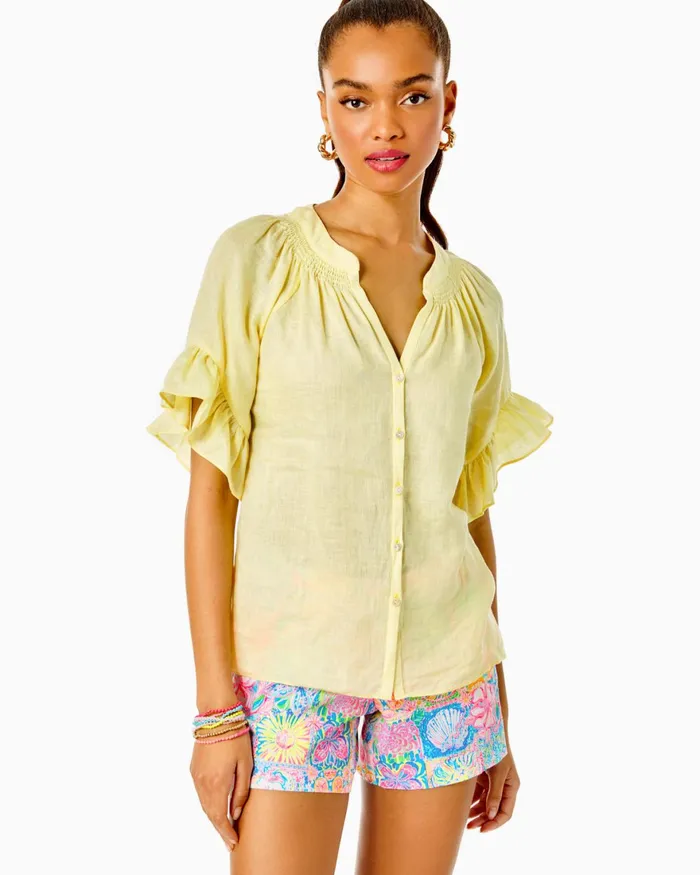 Tops Women Lilly Pulitzer Tayla Short Sleeve Linen Top Creme Fraiche Tops Women Lilly Pulitzer Tayla Short Sleeve Linen Top Creme Fraiche