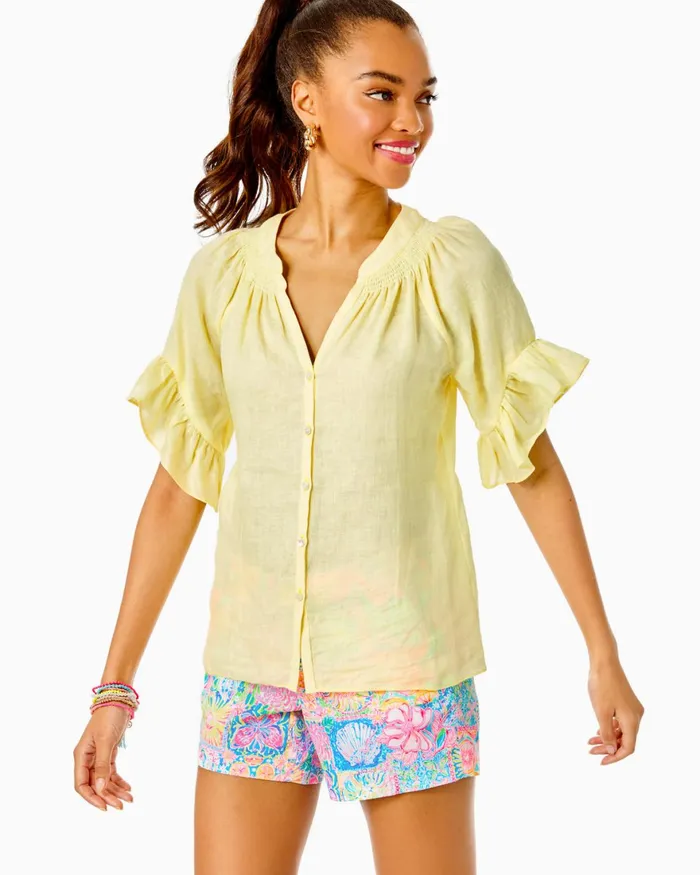 Tops Women Lilly Pulitzer Tayla Short Sleeve Linen Top Creme Fraiche Tops Women Lilly Pulitzer Tayla Short Sleeve Linen Top Creme Fraiche