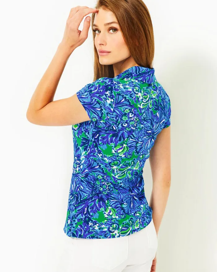 Tops Women Lilly Pulitzer UPF 50 Luxletic Frida Scallop Polo Top Abaco Blue In Turtle Awe Tops Women Lilly Pulitzer UPF 50 Luxletic Frida Scallop Polo Top Abaco Blue In Turtle Awe