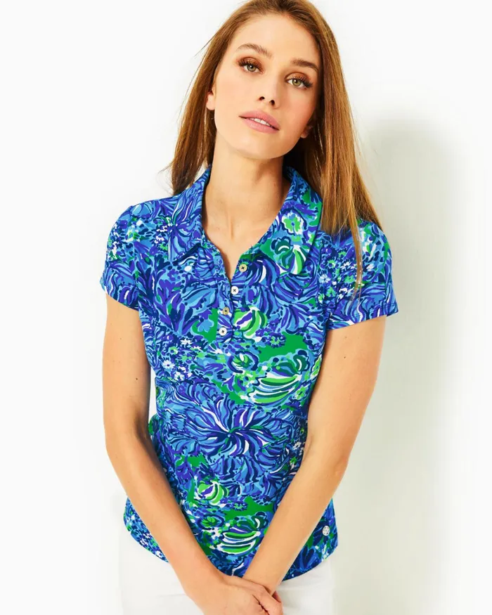 Tops Women Lilly Pulitzer UPF 50 Luxletic Frida Scallop Polo Top Abaco Blue In Turtle Awe