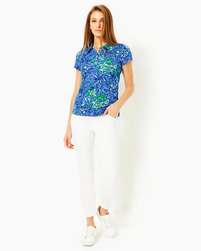 Tops Women Lilly Pulitzer UPF 50 Luxletic Frida Scallop Polo Top Abaco Blue In Turtle Awe