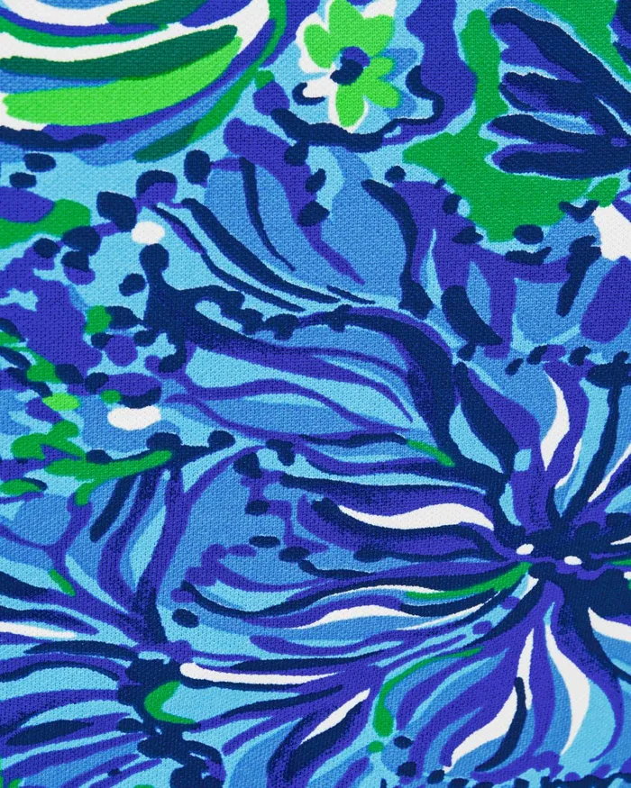 Tops Women Lilly Pulitzer UPF 50 Luxletic Frida Scallop Polo Top Abaco Blue In Turtle Awe