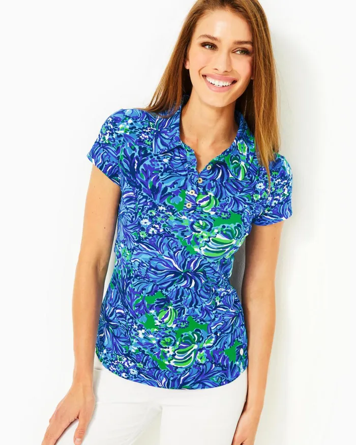 Tops Women Lilly Pulitzer UPF 50 Luxletic Frida Scallop Polo Top Abaco Blue In Turtle Awe