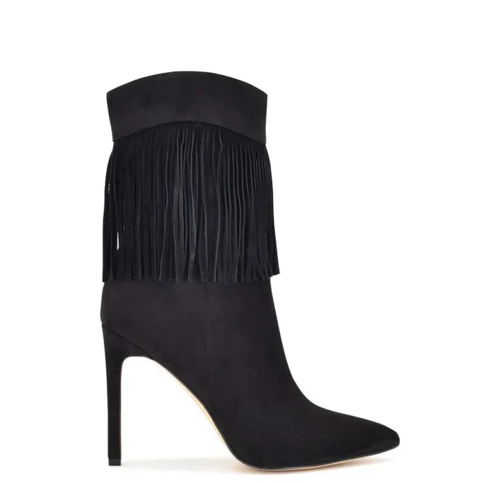 Tries Heeled Fringe Booties Black Suede Women Nine West Heels