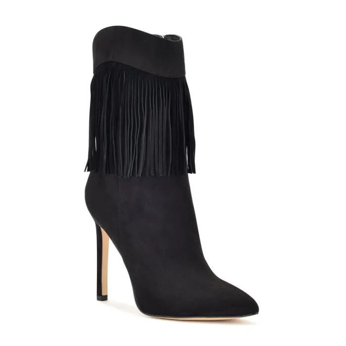 Tries Heeled Fringe Booties Black Suede Women Nine West Heels