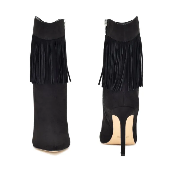 Tries Heeled Fringe Booties Black Suede Women Nine West Heels