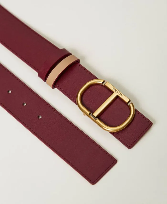 Twinset Belts Reversible Leather Belt With Oval T Twotone Red Plum Sandy Brown 8211 Accessories
