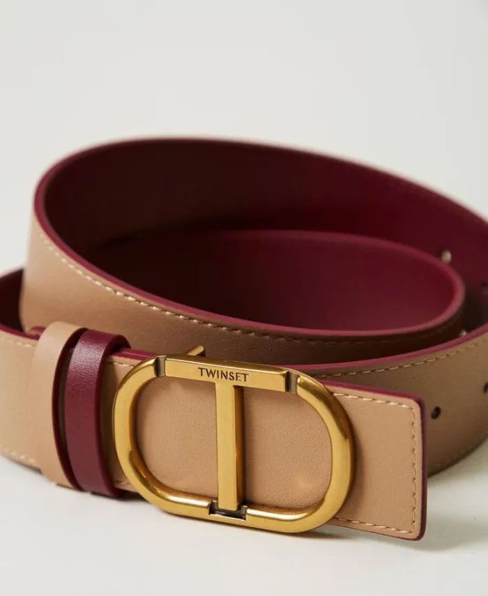 Twinset Belts Reversible Leather Belt With Oval T Twotone Red Plum Sandy Brown 8211 Accessories