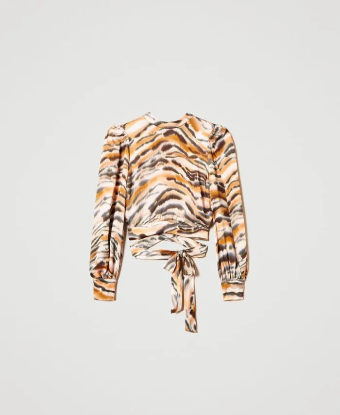 Twinset Blouses And Shirts Cropped Animal Print Satin Blouse Tennegrave Orange Black Tiger Print 8211 Clothing