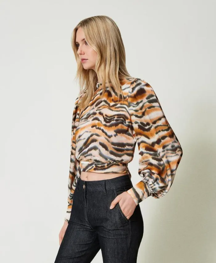 Twinset Blouses And Shirts Cropped Animal Print Satin Blouse Tennegrave Orange Black Tiger Print 8211 Clothing