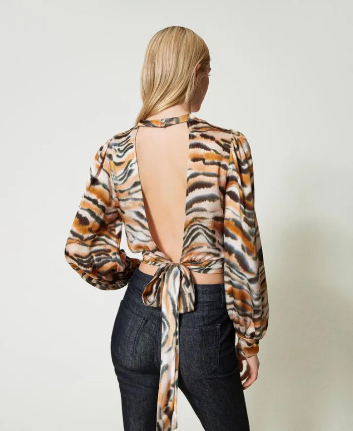Twinset Blouses And Shirts Cropped Animal Print Satin Blouse Tennegrave Orange Black Tiger Print 8211 Clothing
