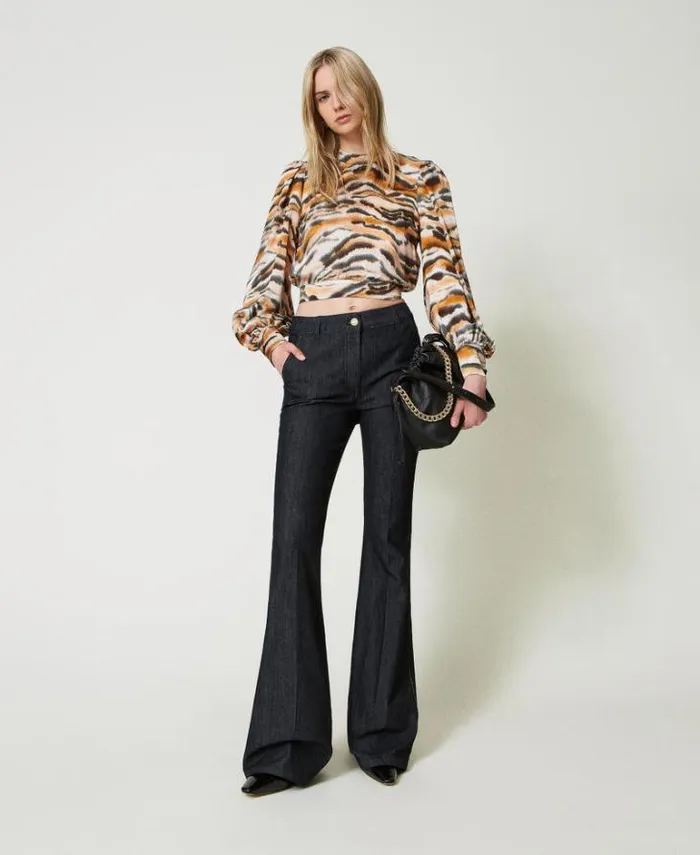 Twinset Blouses And Shirts Cropped Animal Print Satin Blouse Tennegrave Orange Black Tiger Print 8211 Clothing