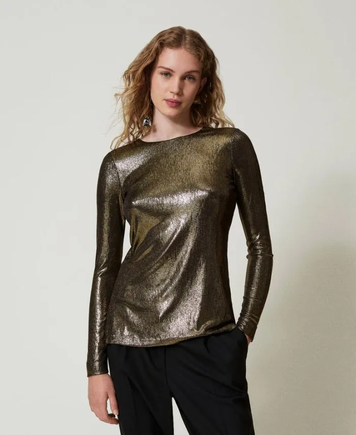 Twinset Blouses And Shirts Laminated Blouse With Knot Laminated Gold Black 8211 Clothing