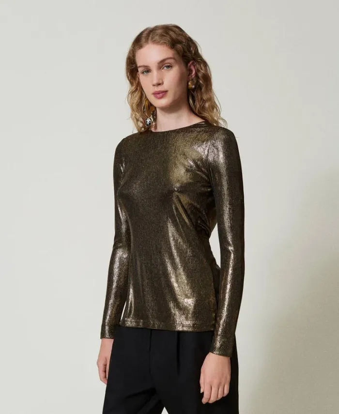 Twinset Blouses And Shirts Laminated Blouse With Knot Laminated Gold Black 8211 Clothing