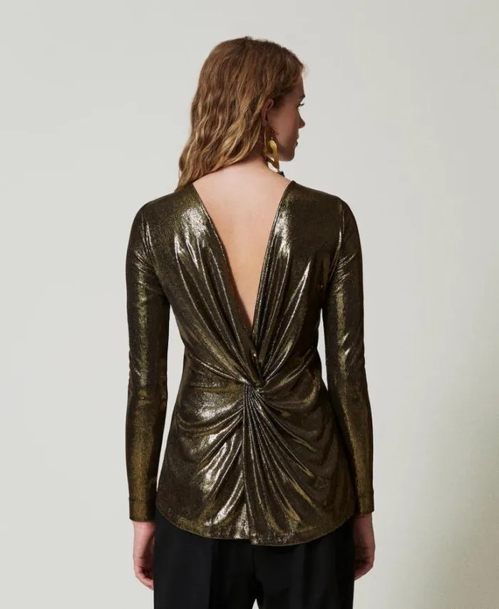 Twinset Blouses And Shirts Laminated Blouse With Knot Laminated Gold Black 8211 Clothing