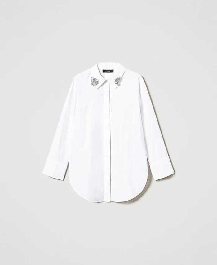 Twinset Blouses And Shirts Oversize Poplin Shirt With Embroidery 034papers034 White 8211 Clothing