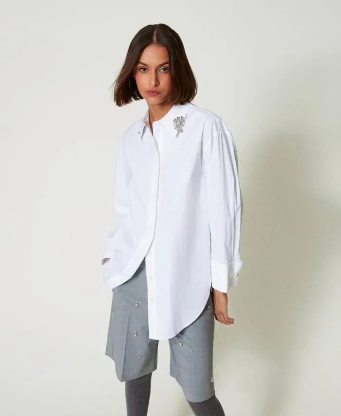 Twinset Blouses And Shirts Oversize Poplin Shirt With Embroidery 034papers034 White 8211 Clothing