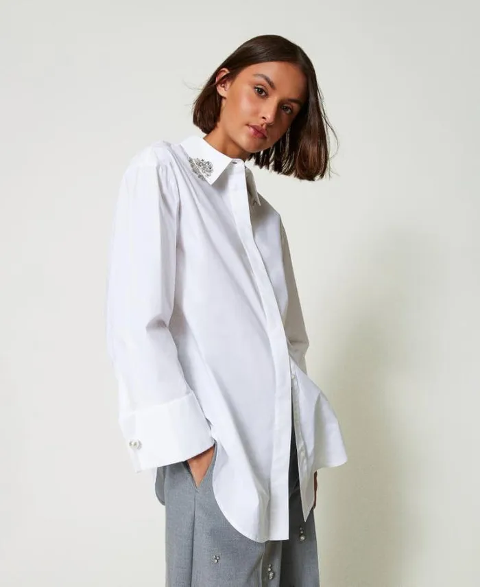 Twinset Blouses And Shirts Oversize Poplin Shirt With Embroidery 034papers034 White 8211 Clothing