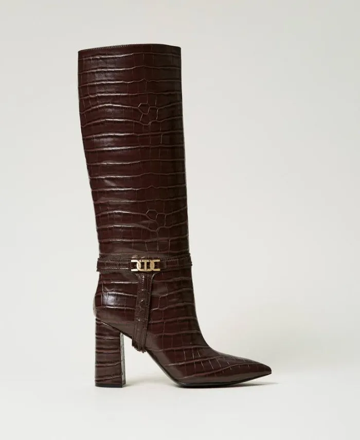 Twinset Boots And Ankle Boots Croc Print High Boots Coffee Chocolate 8211 Shoes