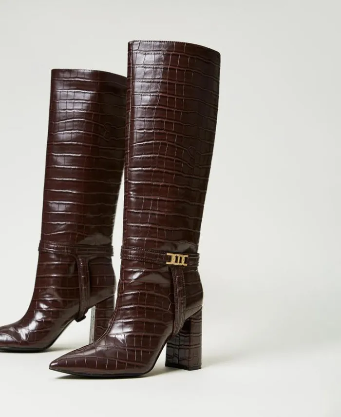 Twinset Boots And Ankle Boots Croc Print High Boots Coffee Chocolate 8211 Shoes