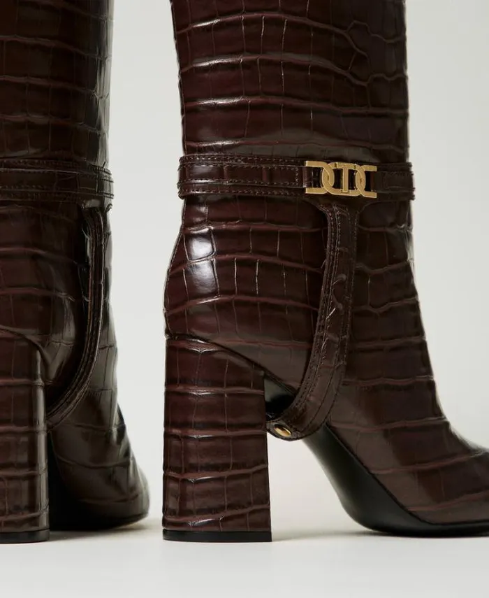 Twinset Boots And Ankle Boots Croc Print High Boots Coffee Chocolate 8211 Shoes
