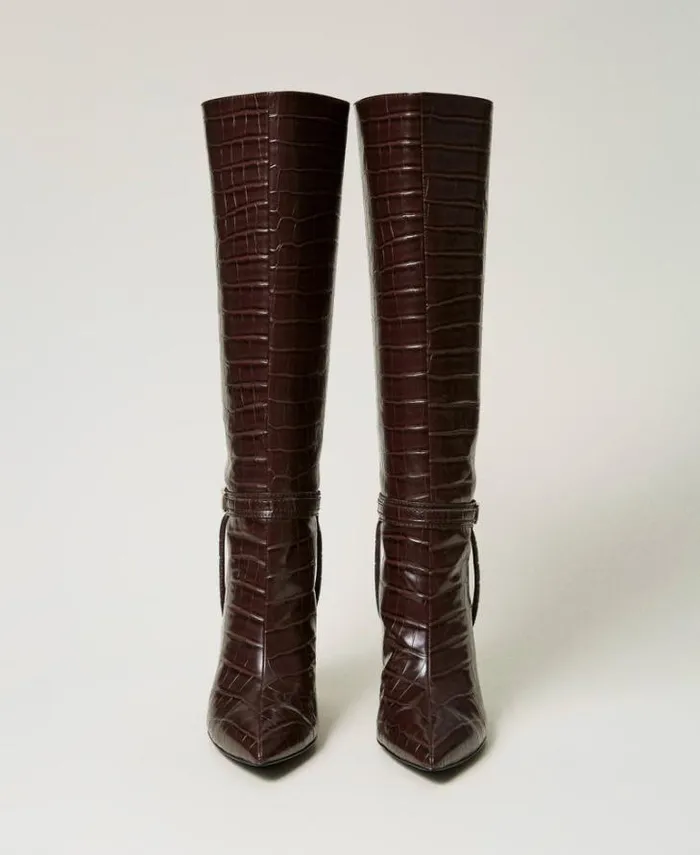 Twinset Boots And Ankle Boots Croc Print High Boots Coffee Chocolate 8211 Shoes