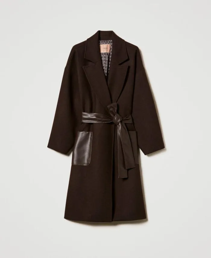 Twinset Coats And Trench Coats Wool Blend Coat With Leatherlike Pockets Chocolate 8211 Clothing