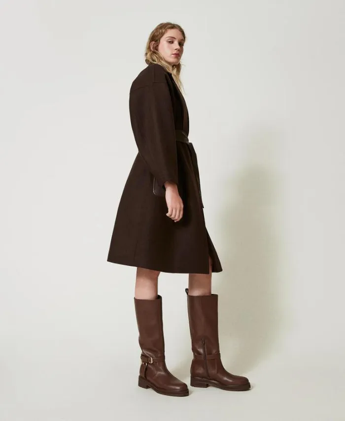 Twinset Coats And Trench Coats Wool Blend Coat With Leatherlike Pockets Chocolate 8211 Clothing