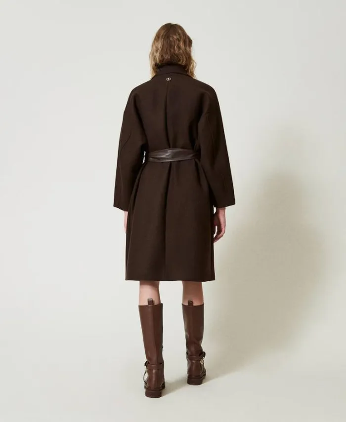 Twinset Coats And Trench Coats Wool Blend Coat With Leatherlike Pockets Chocolate 8211 Clothing
