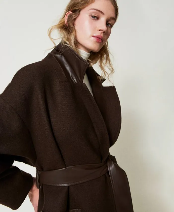 Twinset Coats And Trench Coats Wool Blend Coat With Leatherlike Pockets Chocolate 8211 Clothing