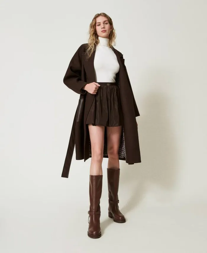 Twinset Coats And Trench Coats Wool Blend Coat With Leatherlike Pockets Chocolate 8211 Clothing
