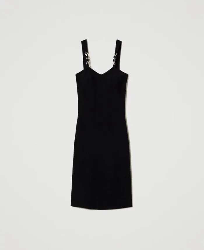 Twinset Elegant Dresses Knit Midi Dress With Jewel Shoulder Straps Black 8211 Clothing