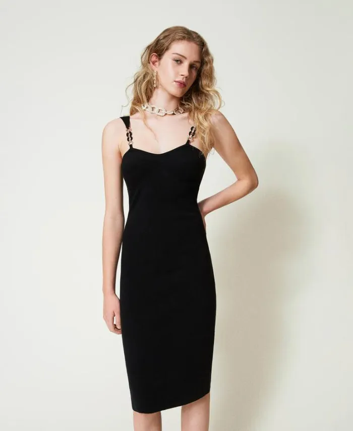 Twinset Elegant Dresses Knit Midi Dress With Jewel Shoulder Straps Black 8211 Clothing
