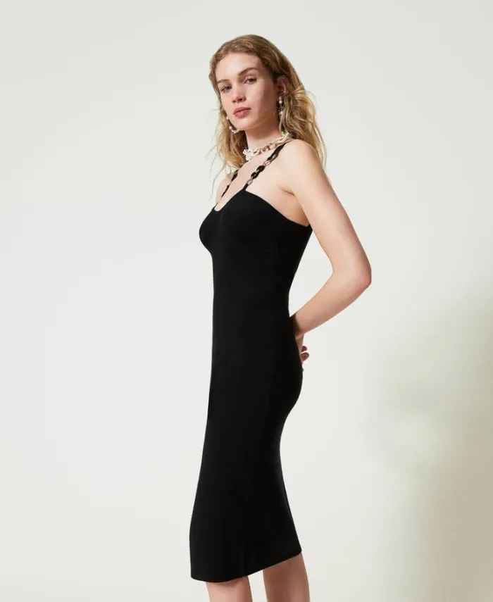 Twinset Elegant Dresses Knit Midi Dress With Jewel Shoulder Straps Black 8211 Clothing