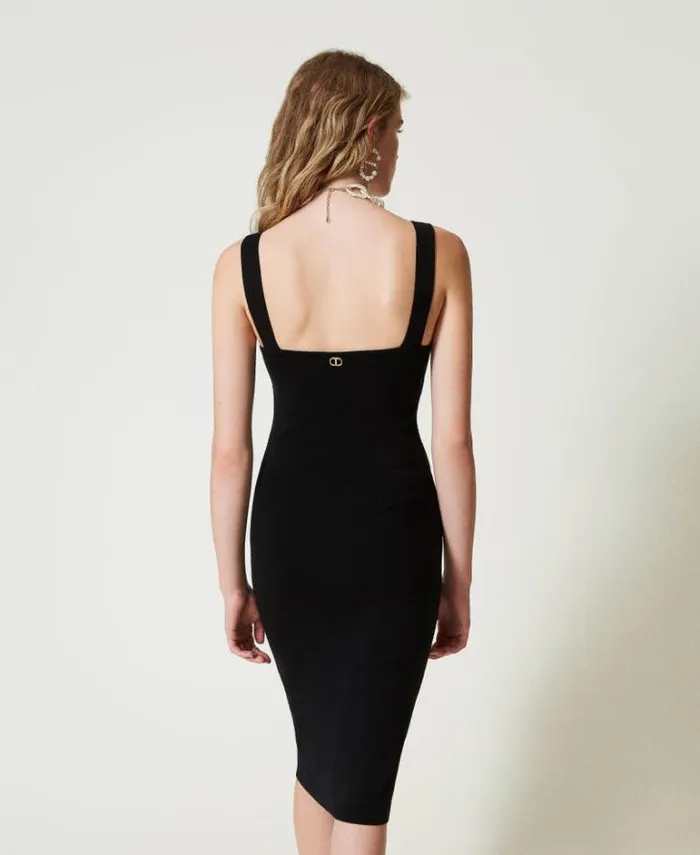 Twinset Elegant Dresses Knit Midi Dress With Jewel Shoulder Straps Black 8211 Clothing