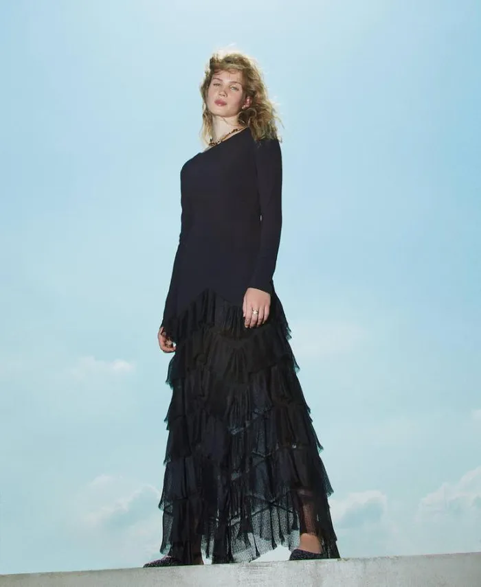 Twinset Elegant Dresses Long Dress With Pleated Tulle Flounces Black 8211 Clothing