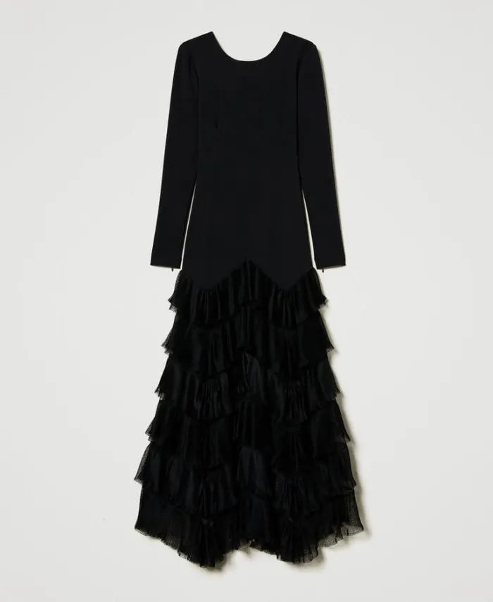 Twinset Elegant Dresses Long Dress With Pleated Tulle Flounces Black 8211 Clothing